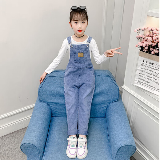 G.Duckkids kleine gelbe Ente Mädchen Denim Overalls Frühlings- und Herbsthosen Mädchen Herbst Big Children Zwei-teilige Kinder Lose und Mode Set 212 Leder Mark + Hemdhose + Hemd 130 wahre Größe kann nicht groß sein