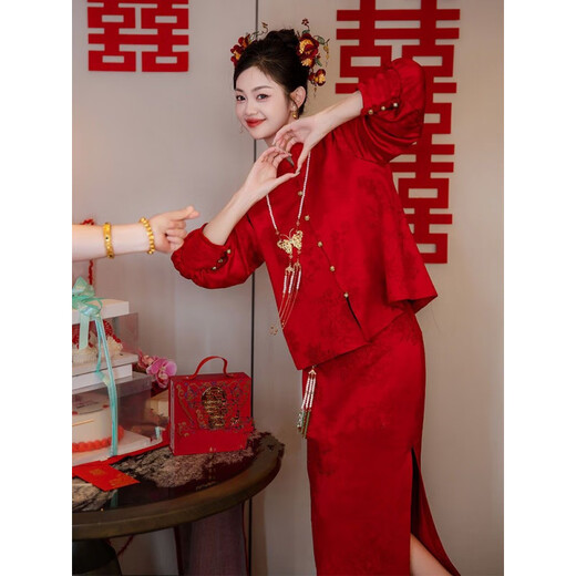 Qiaobo Lai Bridal Toast Wear Cheongsam Burgundy New Chinese Style Bridal Wedding Dressing Robe Red Toast Wear Engagement Red Wide Sleeve Top L