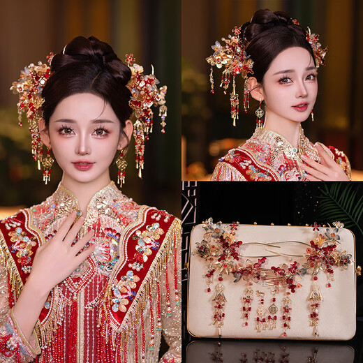 Youshu Xiuhe tiara 2024 new style simple bridal atmosphere wedding Chinese dragon and phoenix gown hair accessories golden red tassels high-end happy events tiara set + ear clip