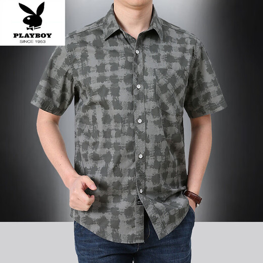 Playboy (Playboy) Sommer mittleren Alters und älteren Kurzärärmelen-Hemds Pure Cotton Lose Lose großer Daddys Plaid-Doppel-Taschenarbeit Top Tief Khaki 5009 5xl