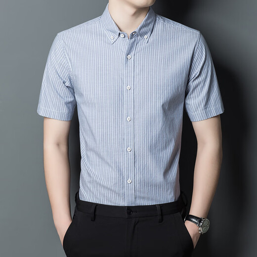 NOSSKISS international brand men's high-end short-sleeved shirt men's summer casual business striped cotton middle-aged thin half-sleeved PD2119 blue stripe L suitable for 120-140Jin Jin equals 0.5 kg