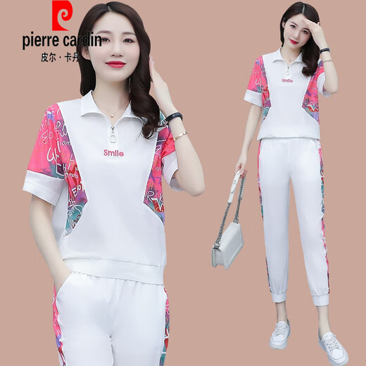 皮尔卡丹（pierre cardin）冰|丝短袖休闲套装女2025年夏季新款宽松时尚减龄跑步运动服两件 (1389)白色 M (建议100斤以下)