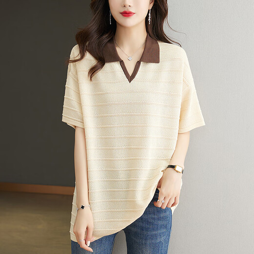 Camiseta de lombriz de lombrices de seda de color grasa de alta gama de carpintero de carpintero para la camiseta de manga media para mujeres de longitud media de las mujeres más suéter de manga de hielo de gran tamaño encanto 6623 beige 6xl (200-220 Jin recomendado [Jin iguala 0.5 kg] para usar 0.5 kg] para usar