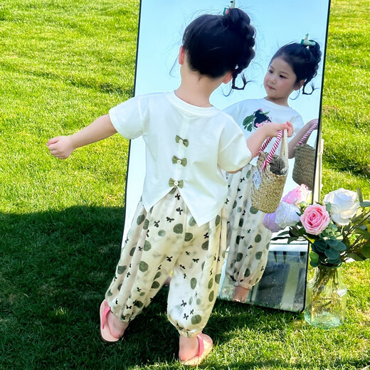 怡菲朵童装女童夏装套装2025新款儿童洋气短袖女宝宝格子裤T恤两件套夏 米白色 100