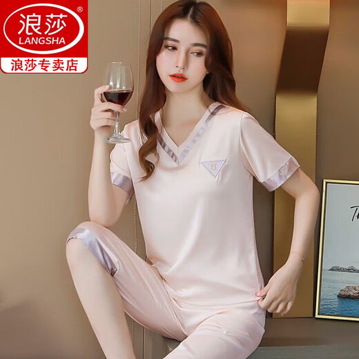 浪莎冰丝睡衣女2025新款夏季短袖短裤薄款休闲可外穿高档家居服套装 9922 M (80-100)