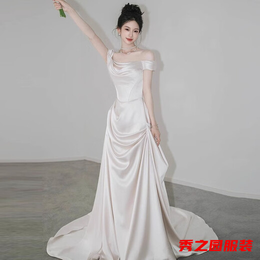Versesa Satin Light Wedding Dress Evening Gown for Women Summer One Shoulder Simple Retro French Welcome Entrance Veil Temperament White Engagement White M