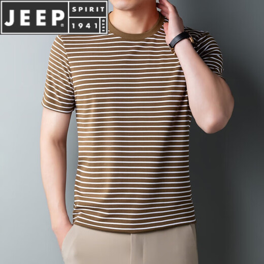 JEEP SPIRIT Summer Plus Fat Plus Large Size Fatty Sea Soul Shirt Short Sleeve T-shirt Men's Middle-aged Loose Blue and White Striped Navy Shirt 9866 Blue 2XL 185