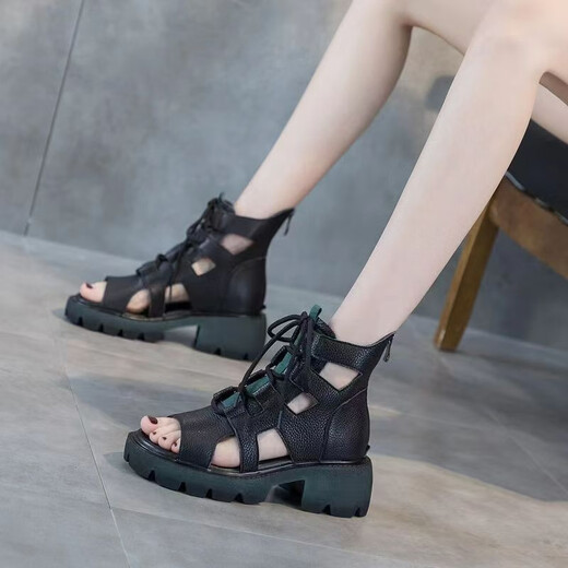 Belle Sandales à pointe de poisson pour femmes 2025 Nouvelle cale polyvalente Solemn épaisse Wenzhou en cuir souple Répandre à glissière haute chaussures romaines Huidong Sandales de thé au lait féminin 20 Sandales pour femmes 2025 Nouveau style 39