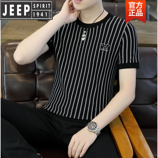 JEEP高档条纹短袖t恤夏季高端潮牌休闲半袖T恤冰丝透气欧货男装上衣男 B黑色6623 1-6-58 M