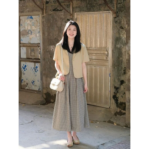 
Ziweiqi summer short-sleeved suit jacket retro plaid dress two-piece set women's trend 9720 cream yellow jacket [single piece] M Recommended 100 Jin [Jin equals 0.5 kg] below