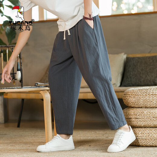 Holzspecker (Tucano) Leinengeschnittene Hosen Herren Sommer Dünne Freizeithosen Chinesische Baumwolle und Leinenhosen gerade loses, verjüngter Hosen 9-Punkte-Hose Black XL 126-135jin [Jin gleich 0,5 kg]