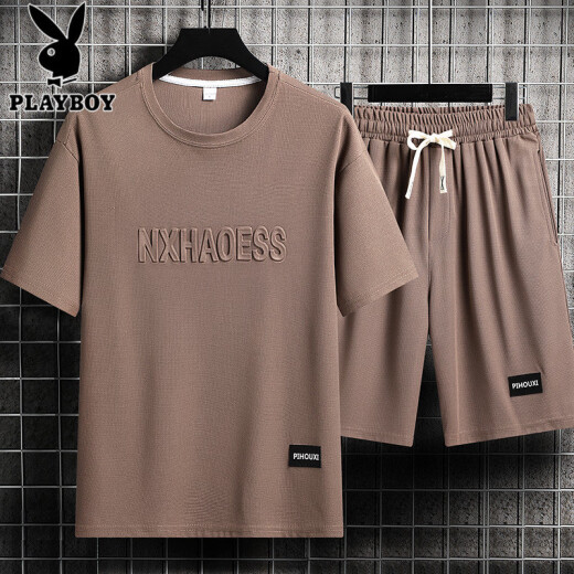花花公子（PLAYBOY）男士夏季套装青少年短袖t恤薄款冰丝两件套休闲运动服五分短裤子 套装-TZ829军绿【上衣+裤子】 M 建议90-110斤