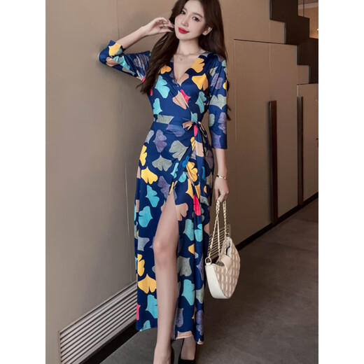 悉弗碎花裹身裙弹力显瘦长款V领一片式牛奶女士聚会绑带连衣裙长裙 3291紫色 S