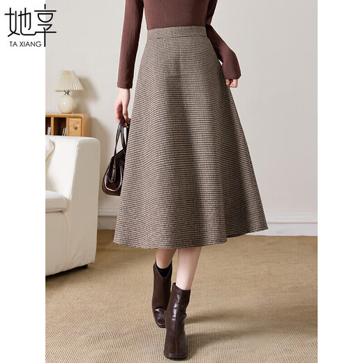 She enjoys woolen skirt female Maillard plaid woolen A-line skirt retro mid-length umbrella skirt T144B6003