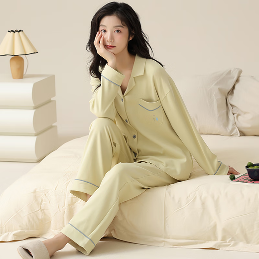 Pure cotton couple's pajamas, summer long-sleeved trousers, cute home clothes for men and women, new cotton suit, air-conditioned room Z58301, women's model XL