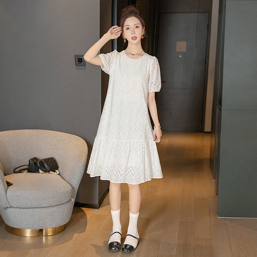 
Cypress House puff sleeve dress 2025 summer new women's fresh hollow spliced ​​round neck midi skirt