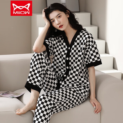 Cat man (miiow) pyjamas en coton pur pour femmes pantalon à manches courtes printemps et été cardigan coréen coréen mignon collier de vêtements d'été