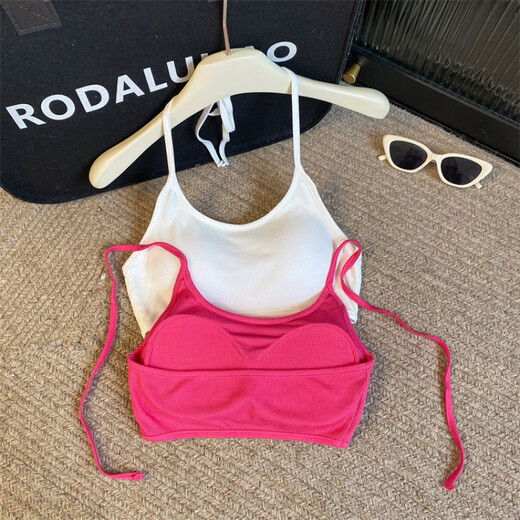 Sexy strappy halterneck hot girl's beautiful back-wrapped chest strap and padded underwear exposing navel short bottoming tube top, rose red, one size fits all