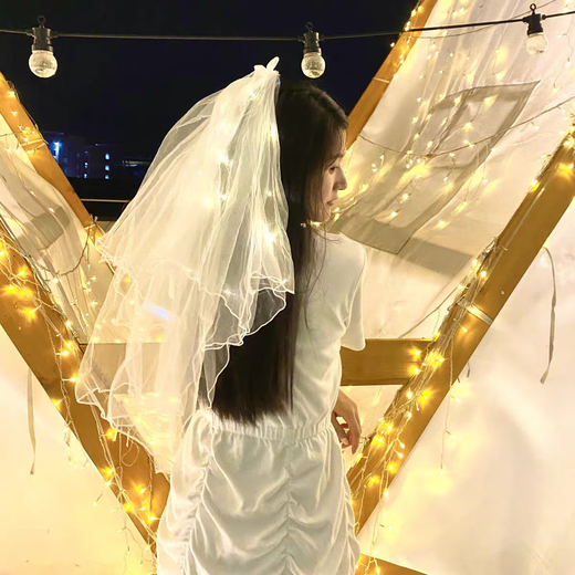SNQP Korean new style bridal veil children's headdress with light long ribbon bow forest photo glowing little girl pearl veil with light [1 piece]