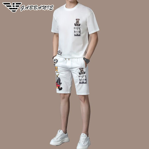 FALAMONE 阿玛尼  男冰丝休闲运动套装夏季短袖两件套高端潮流T恤男短裤 ga/9855-1白色套装 M 105/适合90-120斤