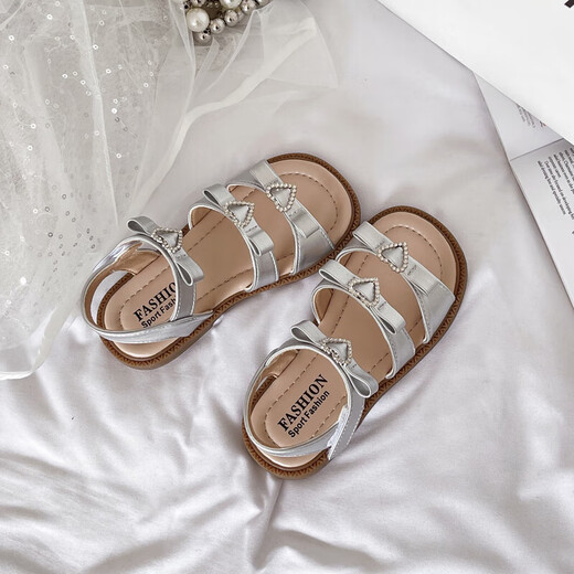 Girls Princess Sandals 2025 Summer New Children's Sandals Soft Sole Medium and Large Children's Open Toe Sandals Velcro Girls Silver Size 26 Inner Length Approximately 16.2cm