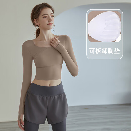 Bright dip fitness wear long sleeves with chest pad yoga T-shirt short internet celebrity running tight Pilates training sports top for women Berry Purple S