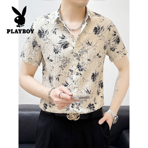 花花公子（PLAYBOY）冰丝修身短袖薄款碎花衬衫男士夏季休闲免烫垂感中袖衬衣时尚男装 BK679黑色 L