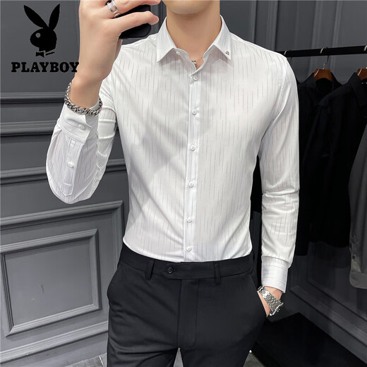 Playboy (Playboy) Leicht Luxus High-End Herren Frühling und Herbst weiße Hemd Herren-Langarmedkörper koreanischer Stil schlank und kostenlos Bügelgeschäft Casual Shirt Herren weißer XL