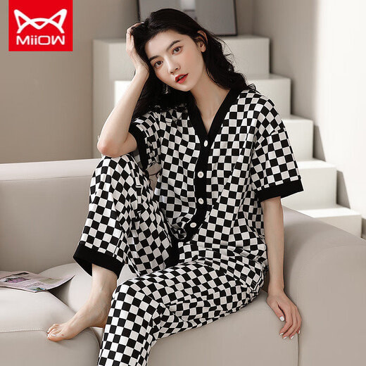 猫人 MIIOW睡衣女春夏短袖长裤开衫韩版可爱V领夏天家居服全纯棉套装 YSH-9737#开衫 M 码80-100斤