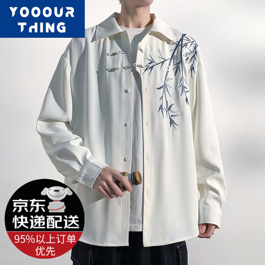YOOOURTHING新中式竹叶冰丝短袖衬衫男国潮刺绣衬衣宽松休闲青少年上衣外套男 HC24249-白色(短袖） XL 【建议125-155斤】