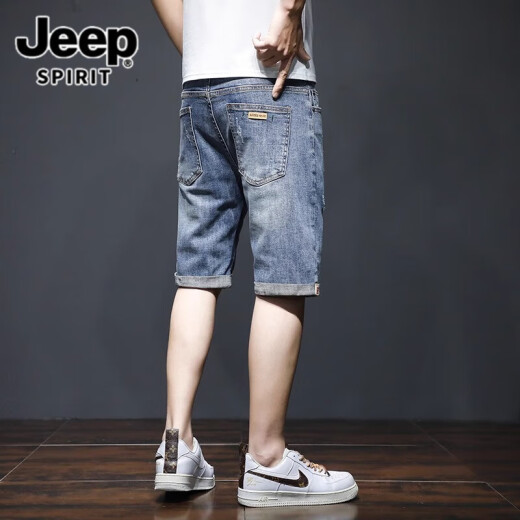 
JEEP SPIRIT Jeep denim shorts men's summer thin loose trendy brand five-point mid-pants Korean style trendy ripped elastic 5-point short 689 blue ripped model 34 [(2 feet 7) Weight 155-165 Jin [Jin equals 0.5 kg]]