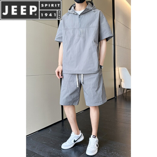JEEP SPIRIT休闲运动套装男士夏季薄款连帽半拉链短袖搭配酷帅一套夏装 7003灰色 XL