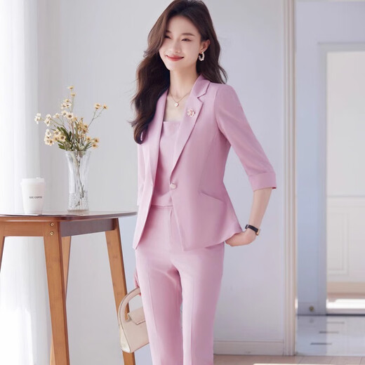 Jian Ting suit suit for women 2026 summer new professional wear temperament casual small suit thin jacket front desk work clothes cyan suit + suspenders + nine-point pants L 100-109Jin Jin equals about 0.5 kg