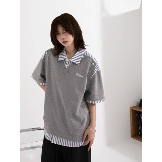 HUALIN FASHION Henry lapel striped splicing fake two-piece short-sleeved shirt men's summer new loose neutral shirt collar T-shirt gray 2XL