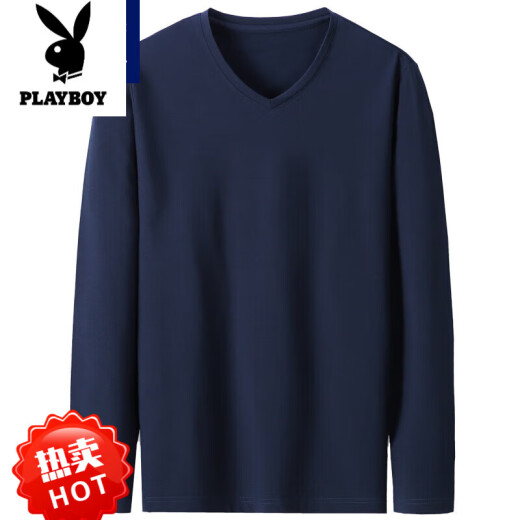 花花公子（PLAYBOY）莫代尔T恤男长袖V领春秋内衣休闲春装上衣冰丝夏季薄款低领打底衫 1506 V领藏青 M 165