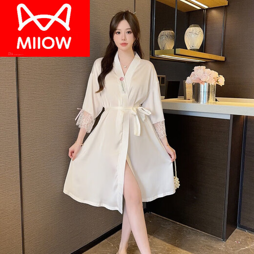 猫人（MiiOW）2024新款睡裙女春秋夏季冰丝睡衣女士性感浴袍白色晨袍蕾丝家居服 682白色 M 165 80 95斤