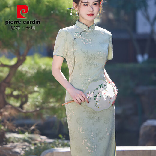 皮尔卡丹2025春夏新款旗袍竹节麻印花中长款旗袍透气小个子年轻款短袖旗袍 826 蓝色 2XL