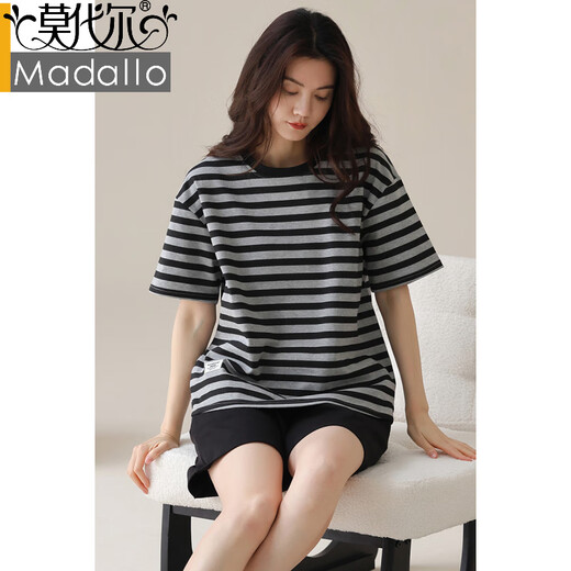 莫代尔2025空调服睡衣女士夏季纯棉短袖七分裤可外穿甜美休闲全棉家居服 607灰色条纹 黑白条纹9848 3XL 建议145-165斤穿