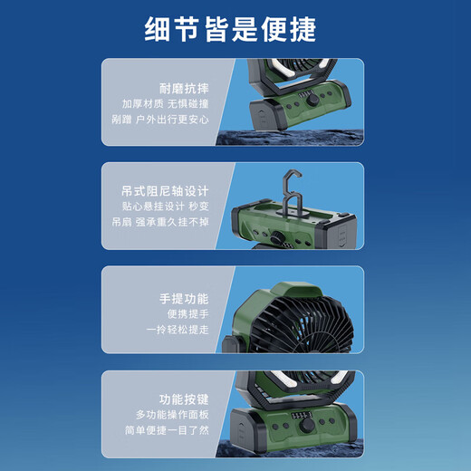 Syouran outdoor camping fan rechargeable fan super long battery life high wind field tent fishing fishing large capacity lithium battery dormitory desktop power bank three-in-one wireless portable spray cooling 30,000 mAh/shaking timer/lighting/power bank military green