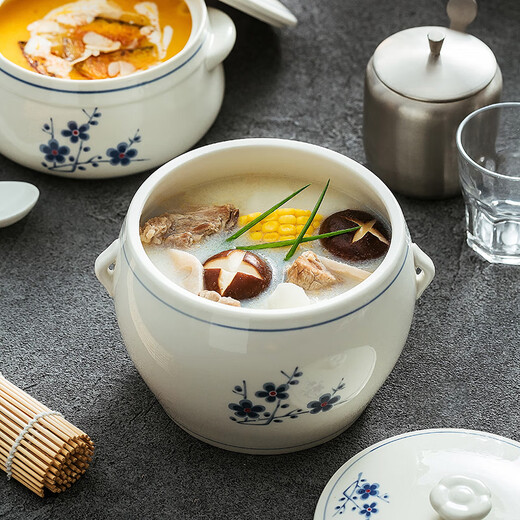 Household ceramic stew pot with lid, water-proof stew pot, crock pot, hotel restaurant special light luxury steaming pot soup bowl, plum blossom glaze medium flower paper 1 liter-Pangdundun