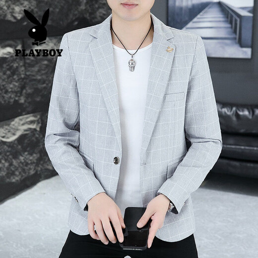 Playboy (PLAYBOY) Plaid Suit Men's Korean Style Trendy Handsome Casual Jacket New Spring Korean Style Personalized Small Suit Outer Clothes XF8815 Dark Gray L (105-120Jin Jin equals 0.5 kg)