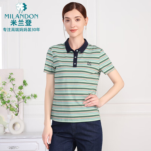 米兰登（MILANDON）2025夏季新款中老年女装妈妈装翻领条纹短袖针织t恤衫女3Q2T1105X 绿条 XL