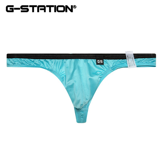 G-STATION satin feel, silky and comfortable Super Shine sexy men's thong with bulging bag singlet too small blue L