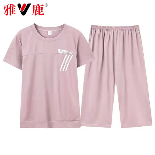雅鹿高档妈妈睡衣薄款夏季纯棉短袖七分裤中年女士圆领全棉大码家居服 6626 【开衫套装】 M 【80-100斤】