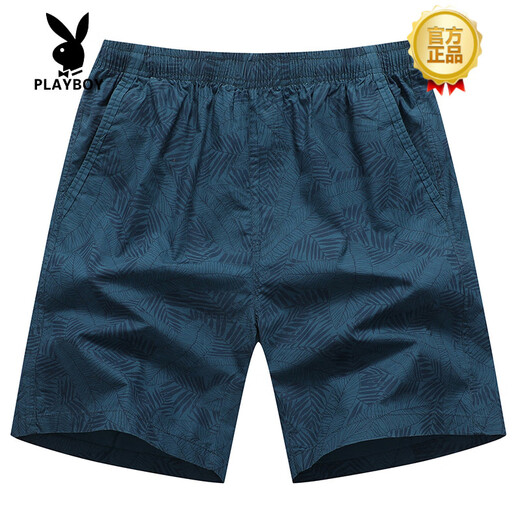 花花公子（PLAYBOY）夏季男士五分休闲短裤男大码纯棉宽松裤子运动直筒薄款沙滩裤男裤 深蓝/9215 高品质 印花款 2XL 155-180斤