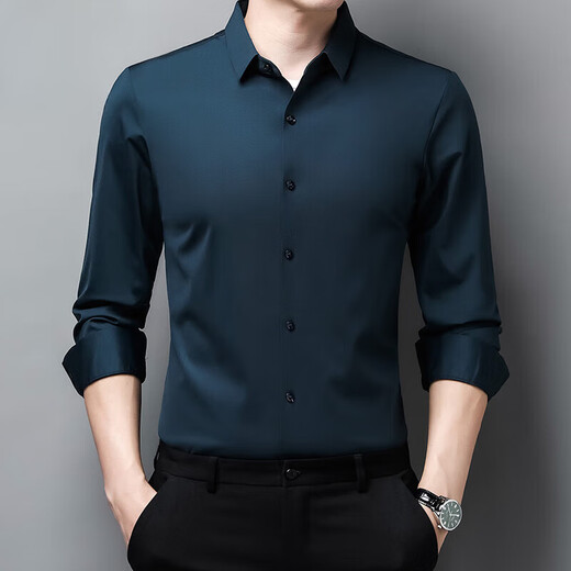 GY goldlion金利来无痕长袖衬衫男士中年春秋季新款商务休闲高弹免烫纯色衬衣 9928上青色 L 170建议120-135斤
