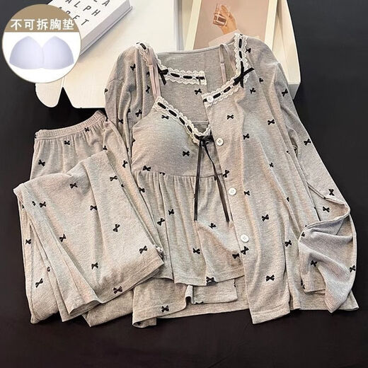 FHHUABD带棉垫睡衣女春秋季莫代尔保暖长袖灰色吊带蝴蝶结家居服三件套装 6621#.杏色 -莫代尔三件套 XL 建议120-135斤