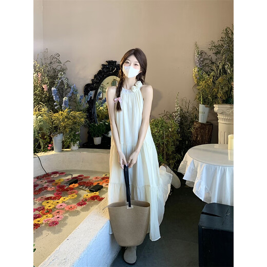麓格立温柔风立体花朵挂脖连衣裙女夏季海边度假仙女裙气质显瘦A字长裙 立体花朵挂脖连衣裙 M 【建议91-100斤】