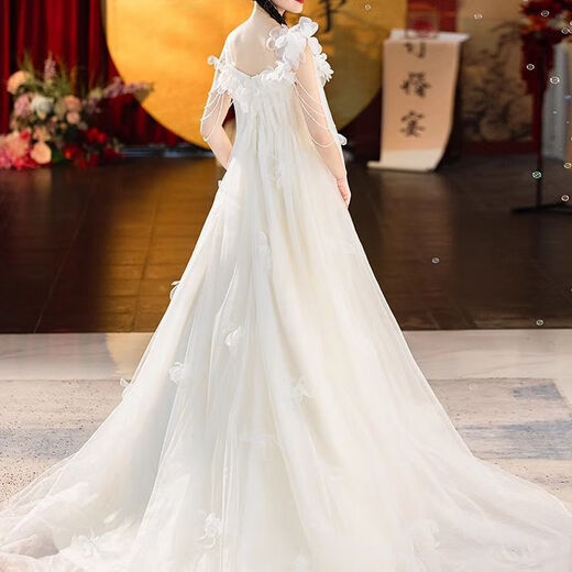 斯睿霖森系轻婚纱小众韩式超仙白色吊带晨袍新娘订婚结婚迎宾晚礼服 白色 S