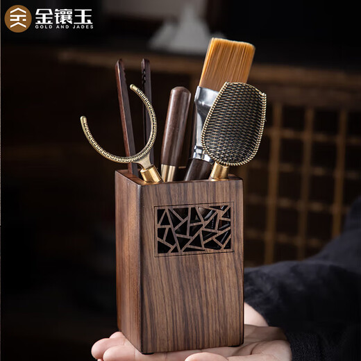 Six Gentlemen of Gold-Inlaid Jade Tea Ceremony, Walnut Wood Kung Fu Tea Set Accessories, Tea Clamps, Tea Spoons, Tea Needles, Su Chuang Tea Ceremony, Six Gentlemen